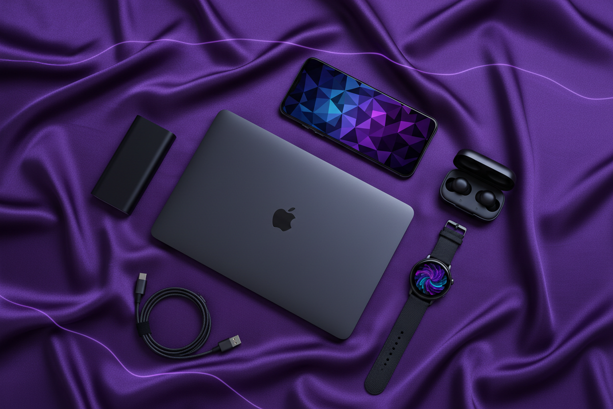 Tech flat lay purple silk